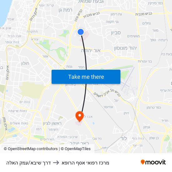 דרך שיבא/עמק האלה to מרכז רפואי אסף הרופא map