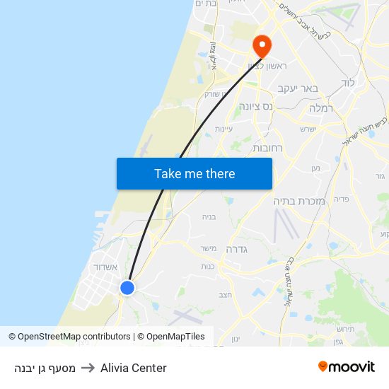 מסעף גן יבנה to Alivia Center map