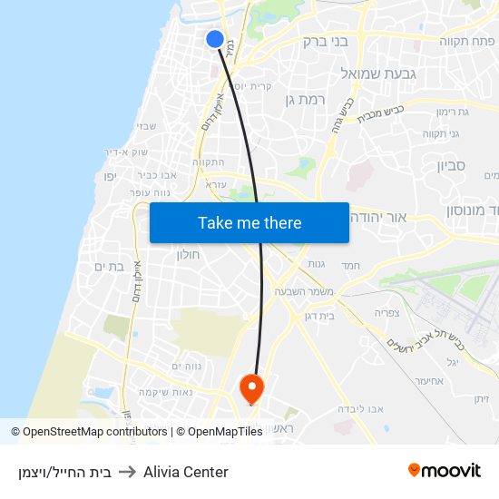 בית החייל/ויצמן to Alivia Center map