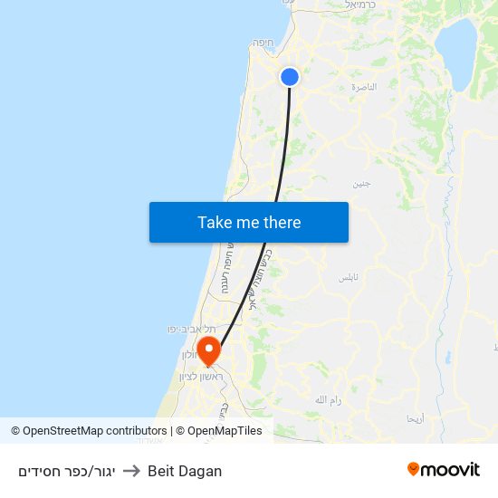 יגור/כפר חסידים to Beit Dagan map