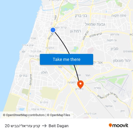 קניון עזריאלי/כביש 20 to Beit Dagan map