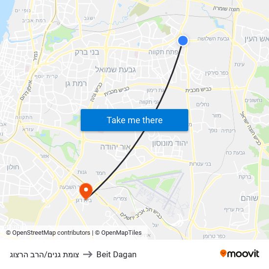 צומת גנים/הרב הרצוג to Beit Dagan map