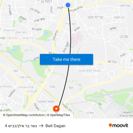 גשר בר אילן/כביש 4 to Beit Dagan map