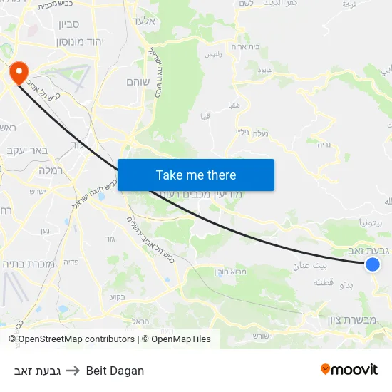 גבעת זאב to Beit Dagan map
