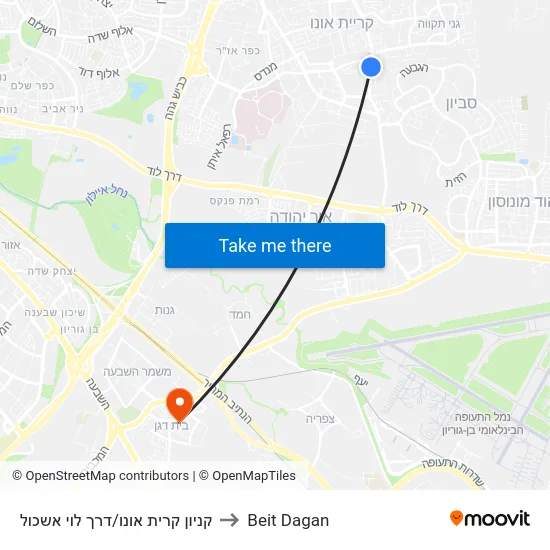 קניון קרית אונו/דרך לוי אשכול to Beit Dagan map