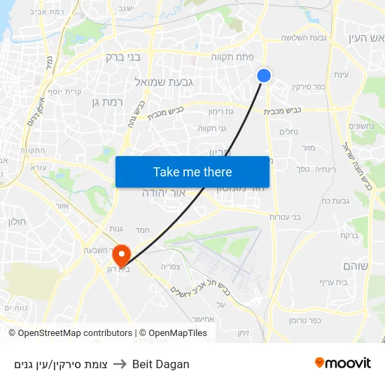 צומת סירקין/עין גנים to Beit Dagan map