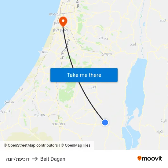 דוכיפת/יונה to Beit Dagan map