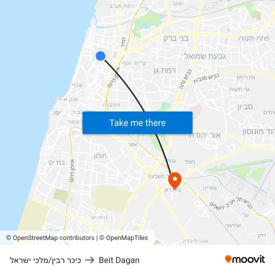 כיכר רבין/מלכי ישראל to Beit Dagan map