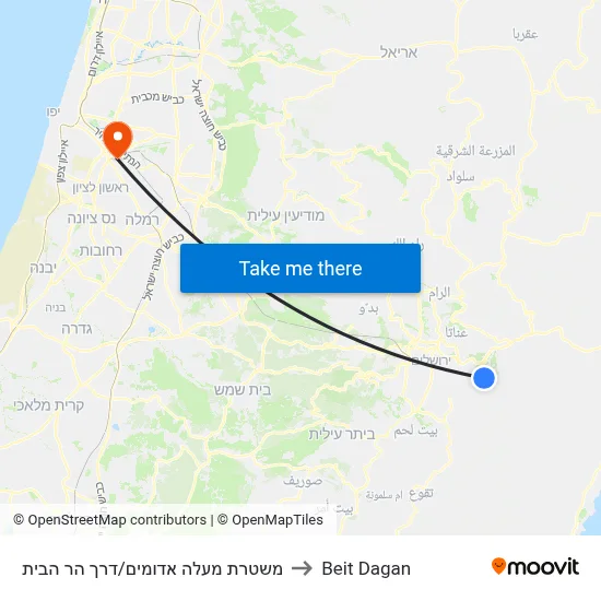 משטרת מעלה אדומים/דרך הר הבית to Beit Dagan map