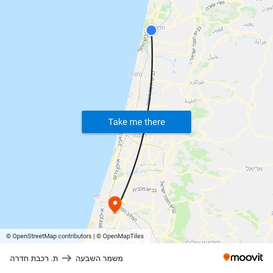 ת. רכבת חדרה to משמר השבעה map