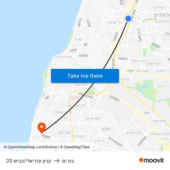 קניון עזריאלי/כביש 20 to בת ים map