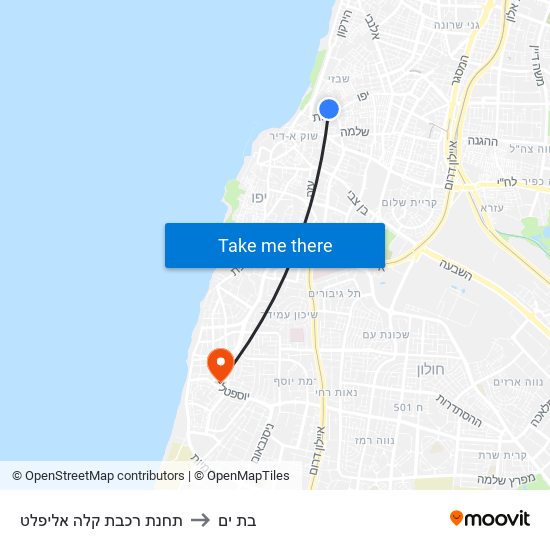 תחנת רכבת קלה אליפלט to בת ים map