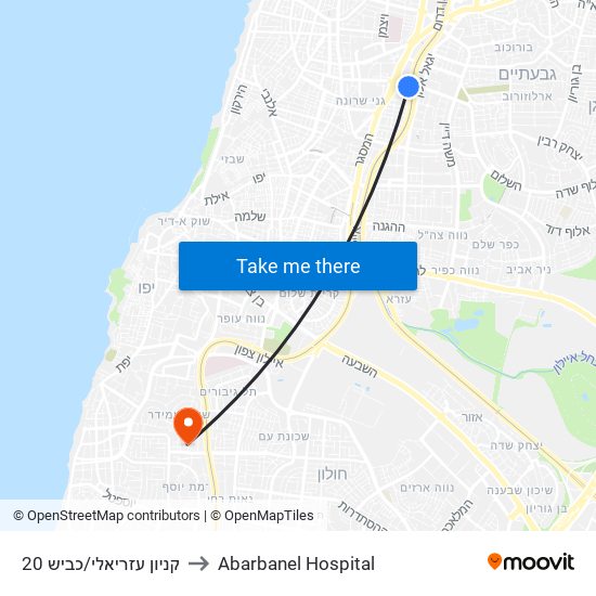 קניון עזריאלי/כביש 20 to Abarbanel Hospital map