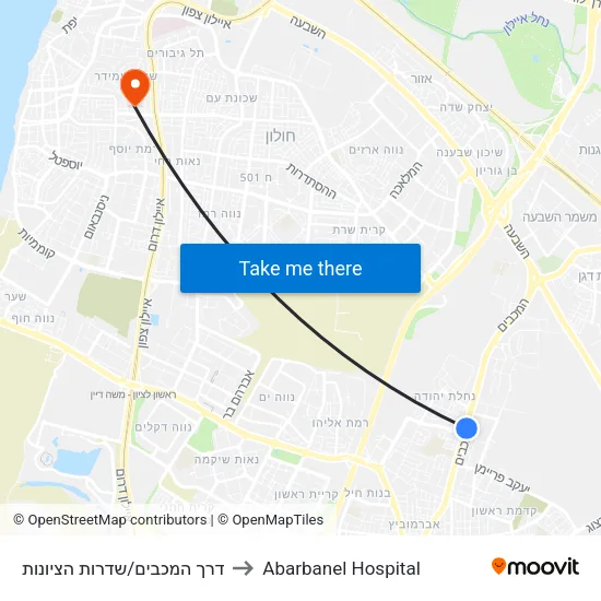 דרך המכבים/שדרות הציונות to Abarbanel Hospital map