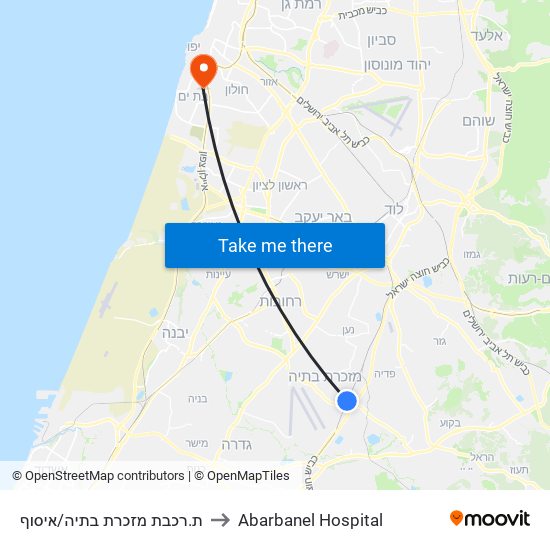 ת.רכבת מזכרת בתיה/איסוף to Abarbanel Hospital map