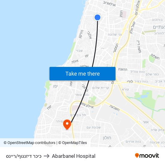 כיכר דיזנגוף/ריינס to Abarbanel Hospital map