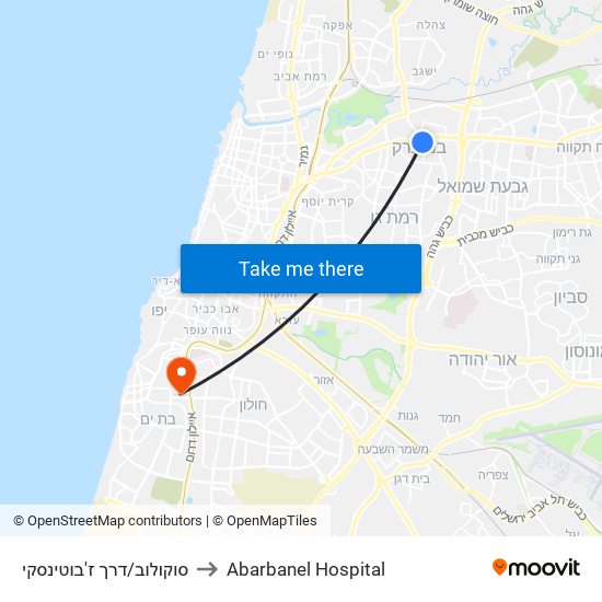 סוקולוב/דרך ז'בוטינסקי to Abarbanel Hospital map