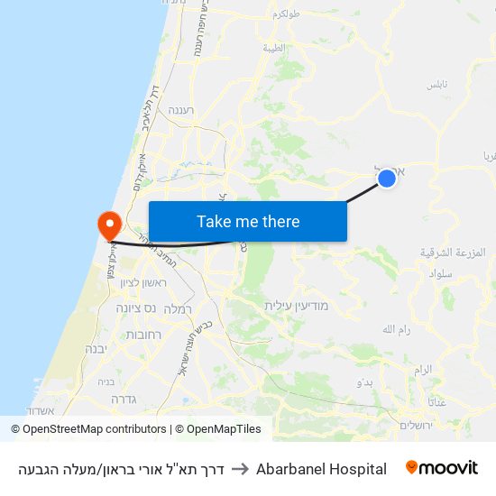 דרך תא''ל אורי בראון/מעלה הגבעה to Abarbanel Hospital map