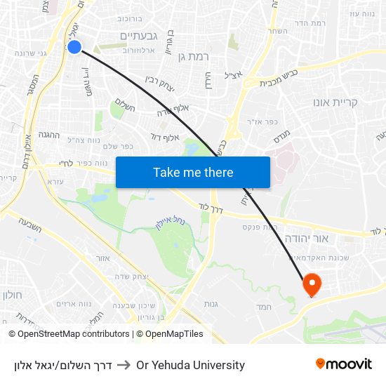 דרך השלום/יגאל אלון to Or Yehuda University map