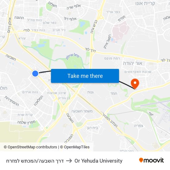 דרך השבעה/המכתש למזרח to Or Yehuda University map