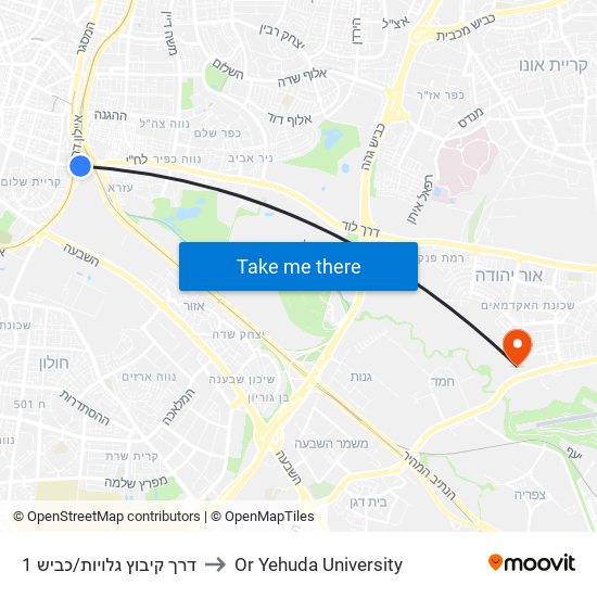 דרך קיבוץ גלויות/כביש 1 to Or Yehuda University map