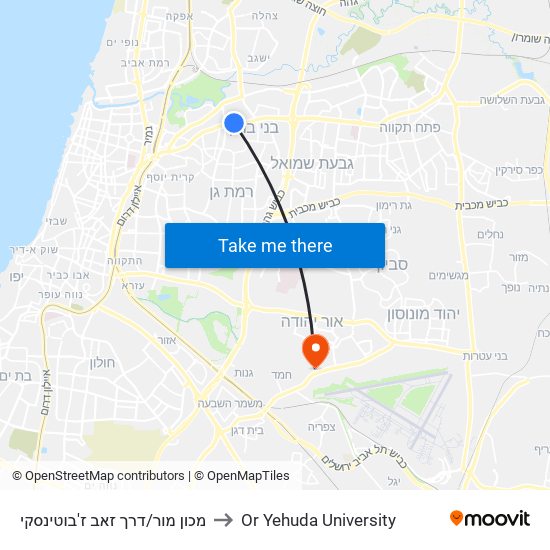 מכון מור/דרך זאב ז'בוטינסקי to Or Yehuda University map