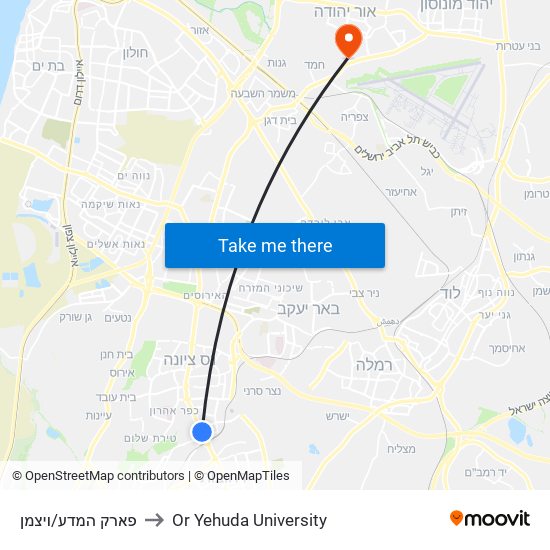 פארק המדע/ויצמן to Or Yehuda University map