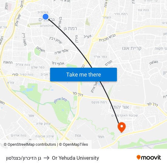 גן הזיכרון/כצנלסון to Or Yehuda University map