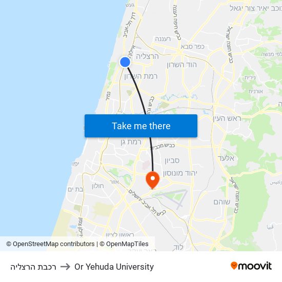 רכבת הרצליה to Or Yehuda University map