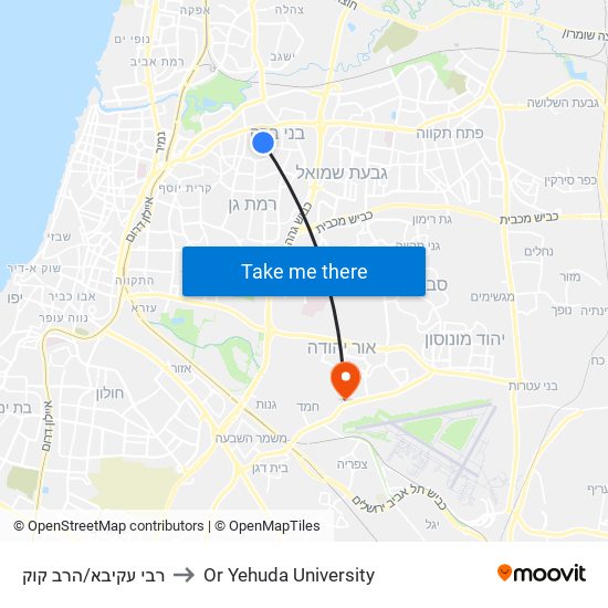 רבי עקיבא/הרב קוק to Or Yehuda University map