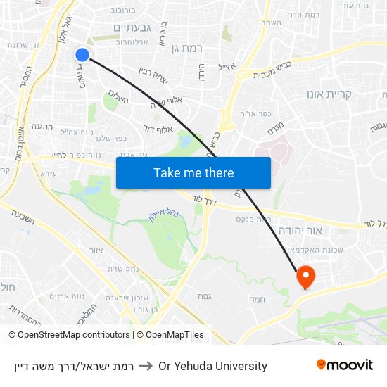 רמת ישראל/דרך משה דיין to Or Yehuda University map