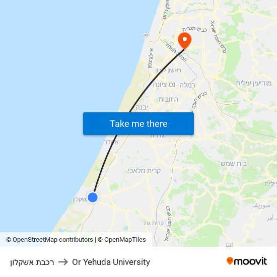 רכבת אשקלון to Or Yehuda University map
