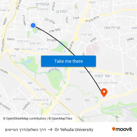 דרך השלום/דרך הטייסים to Or Yehuda University map