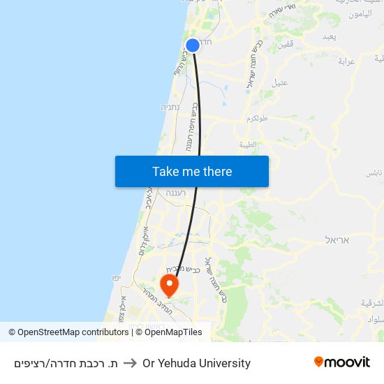 ת. רכבת חדרה/רציפים to Or Yehuda University map