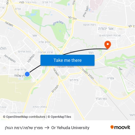 מפרץ שלמה/רמת הגולן to Or Yehuda University map