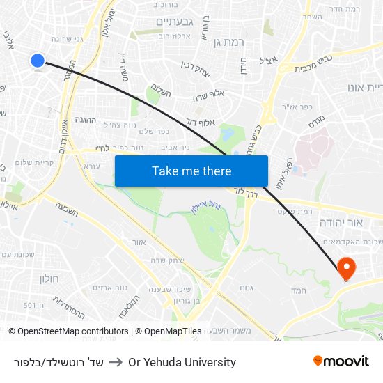 שד' רוטשילד/בלפור to Or Yehuda University map