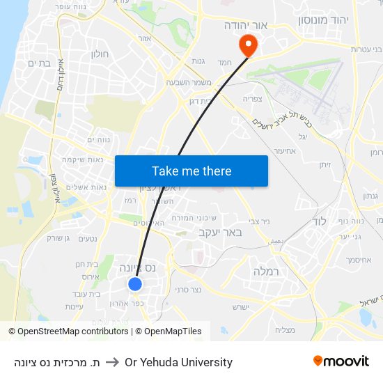 ת. מרכזית נס ציונה to Or Yehuda University map