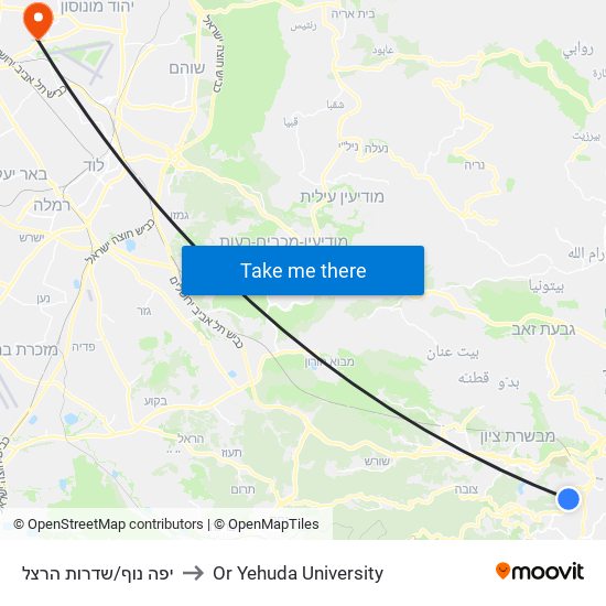 יפה נוף/שדרות הרצל to Or Yehuda University map