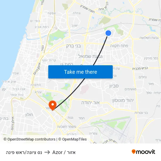 נס ציונה/ראש פינה to Azor / אזור map