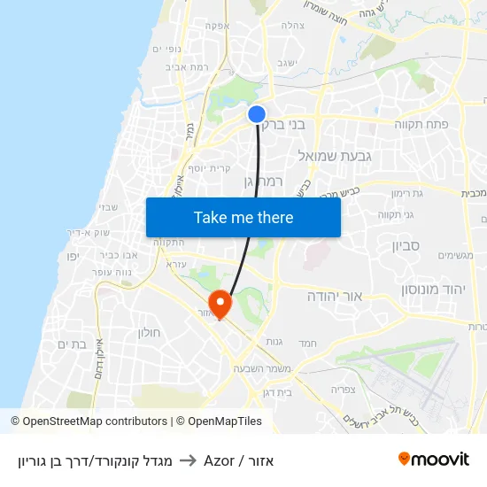 מגדל קונקורד/דרך בן גוריון to Azor / אזור map