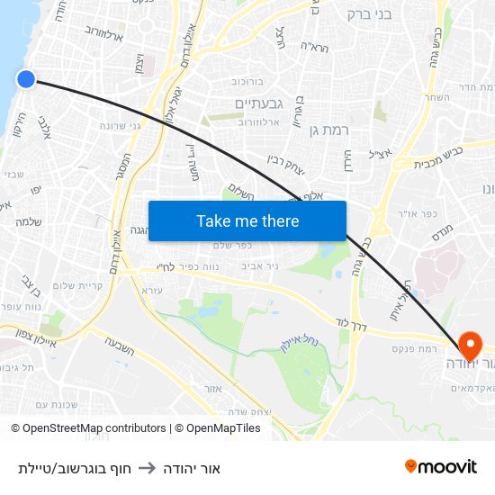 חוף בוגרשוב/טיילת to אור יהודה map