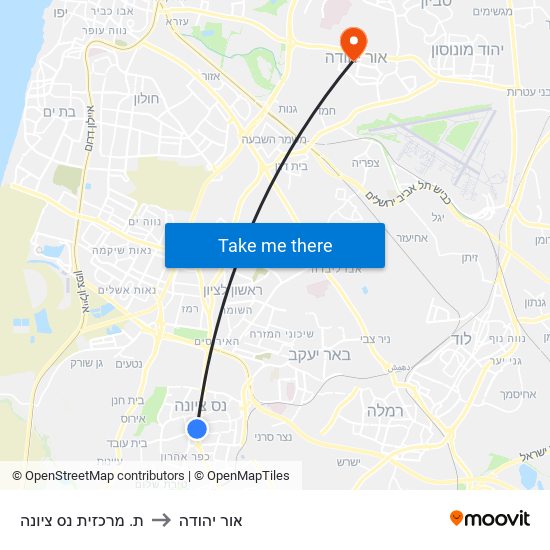 ת. מרכזית נס ציונה to אור יהודה map