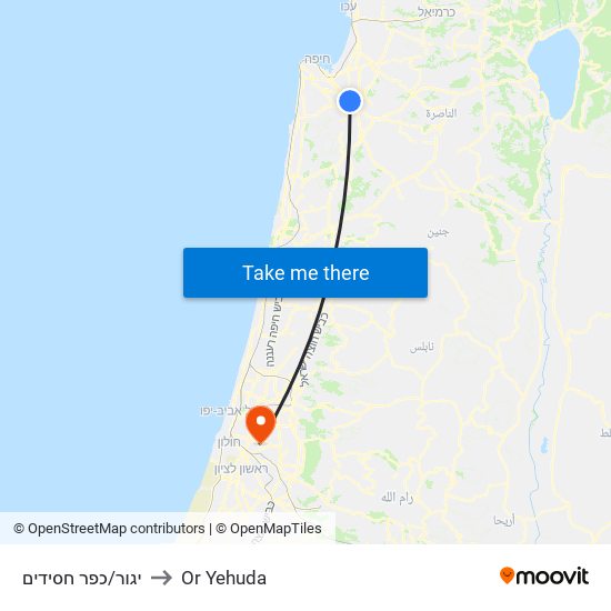 יגור/כפר חסידים to Or Yehuda map