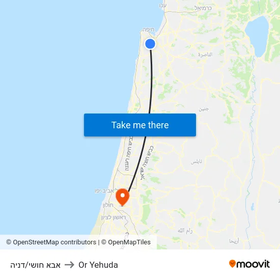 אבא חושי/דניה to Or Yehuda map