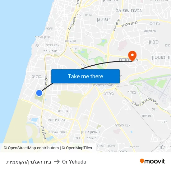 בית העלמין/הקוממיות to Or Yehuda map
