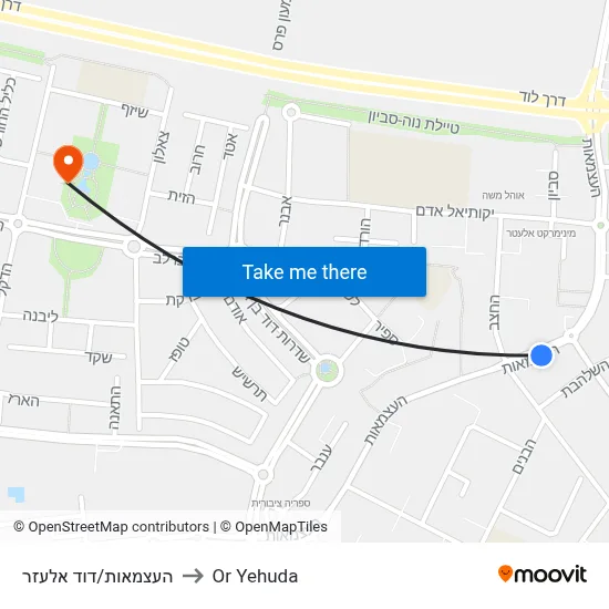העצמאות/דוד אלעזר to Or Yehuda map