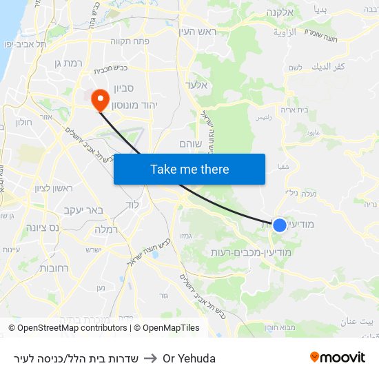 שדרות בית הלל/כניסה לעיר to Or Yehuda map