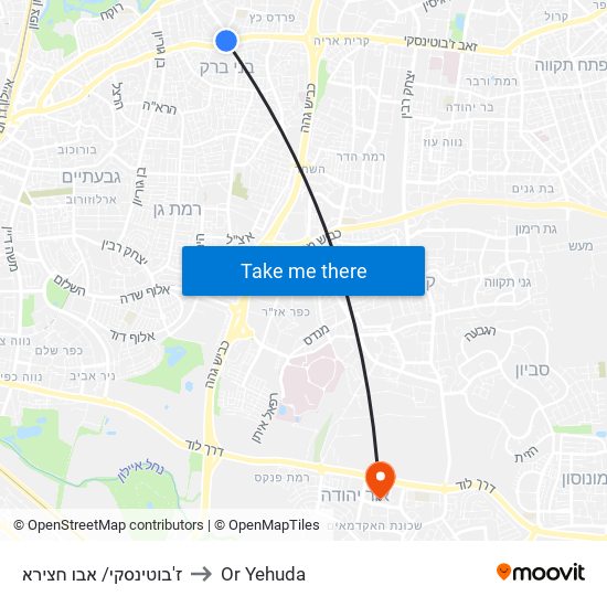 ז'בוטינסקי/ אבו חצירא to Or Yehuda map