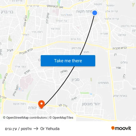 וולפסון / עין גנים to Or Yehuda map