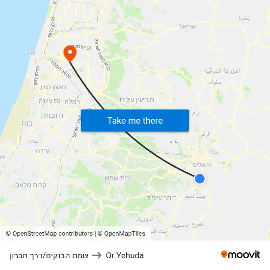 צומת הבנקים/דרך חברון to Or Yehuda map